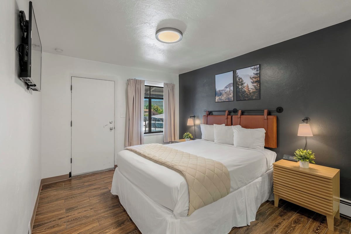 A hotel room with a large bed, bedside tables, a TV, and a view of the outdoors.