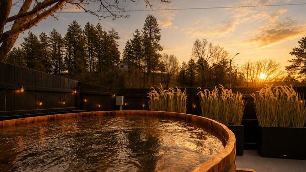 A hot tub surrounded by tall grasses and trees, with a sunset in the background.