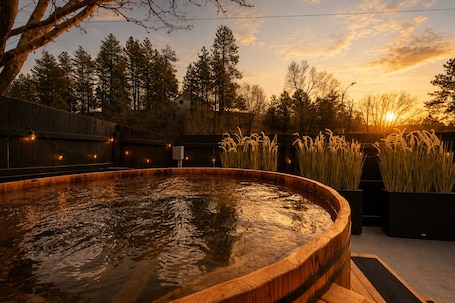 A hot tub surrounded by tall grasses and trees, with a sunset in the background.. Adventure Inn Durango
