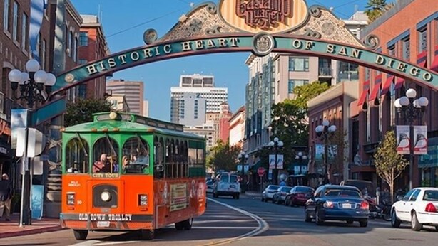 A historic streetcar at the entrance to the Historic Heart of San Diego. - San Diego Downtown Lodge (San Diego)