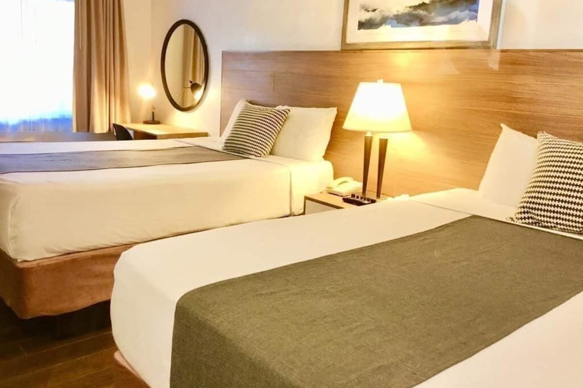 Une chambre d’hôtel avec deux lits, une table de chevet avec une lampe, un miroir et un tableau au mur.