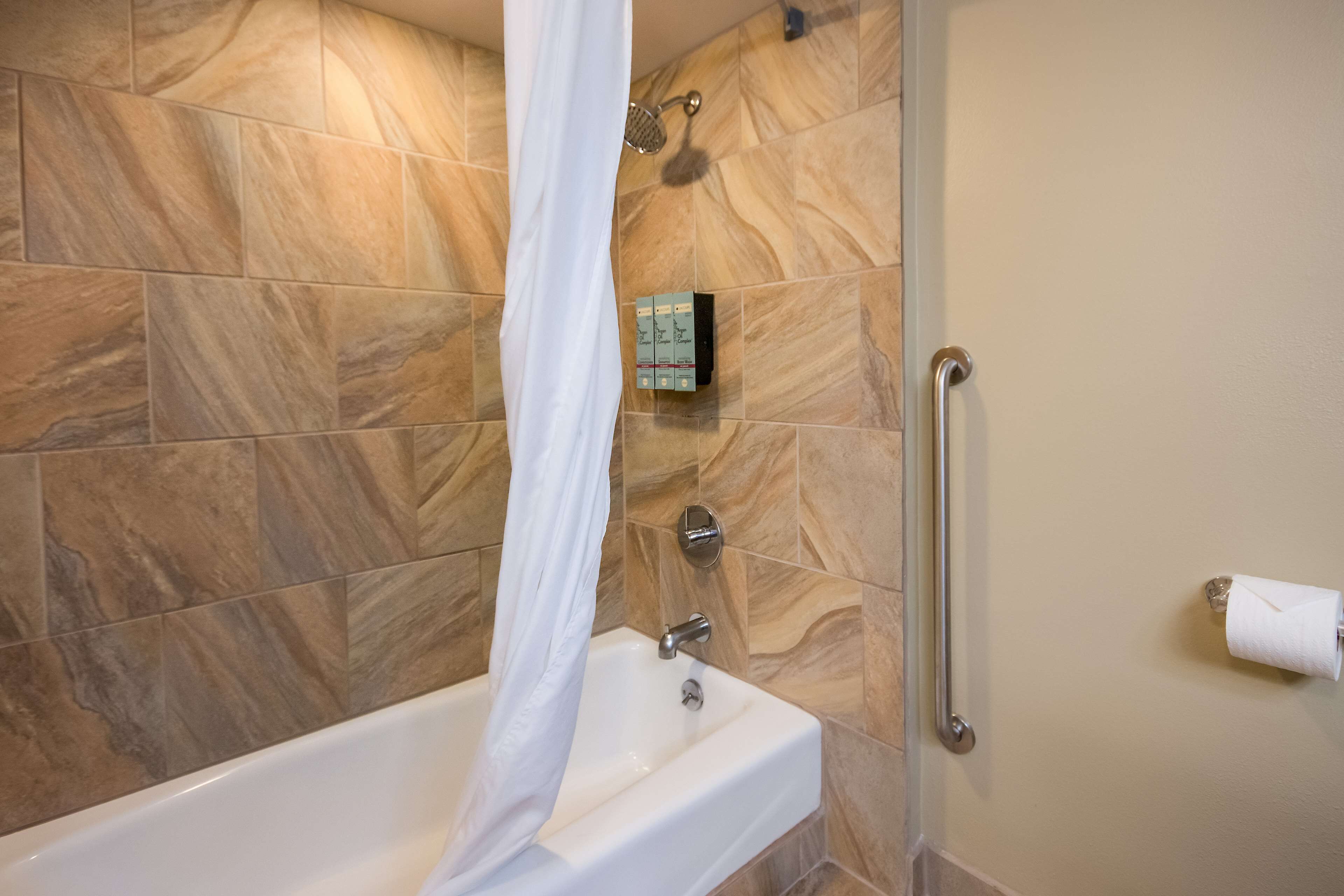 combined shower/bathtub, free toiletries, hair dryer, towels