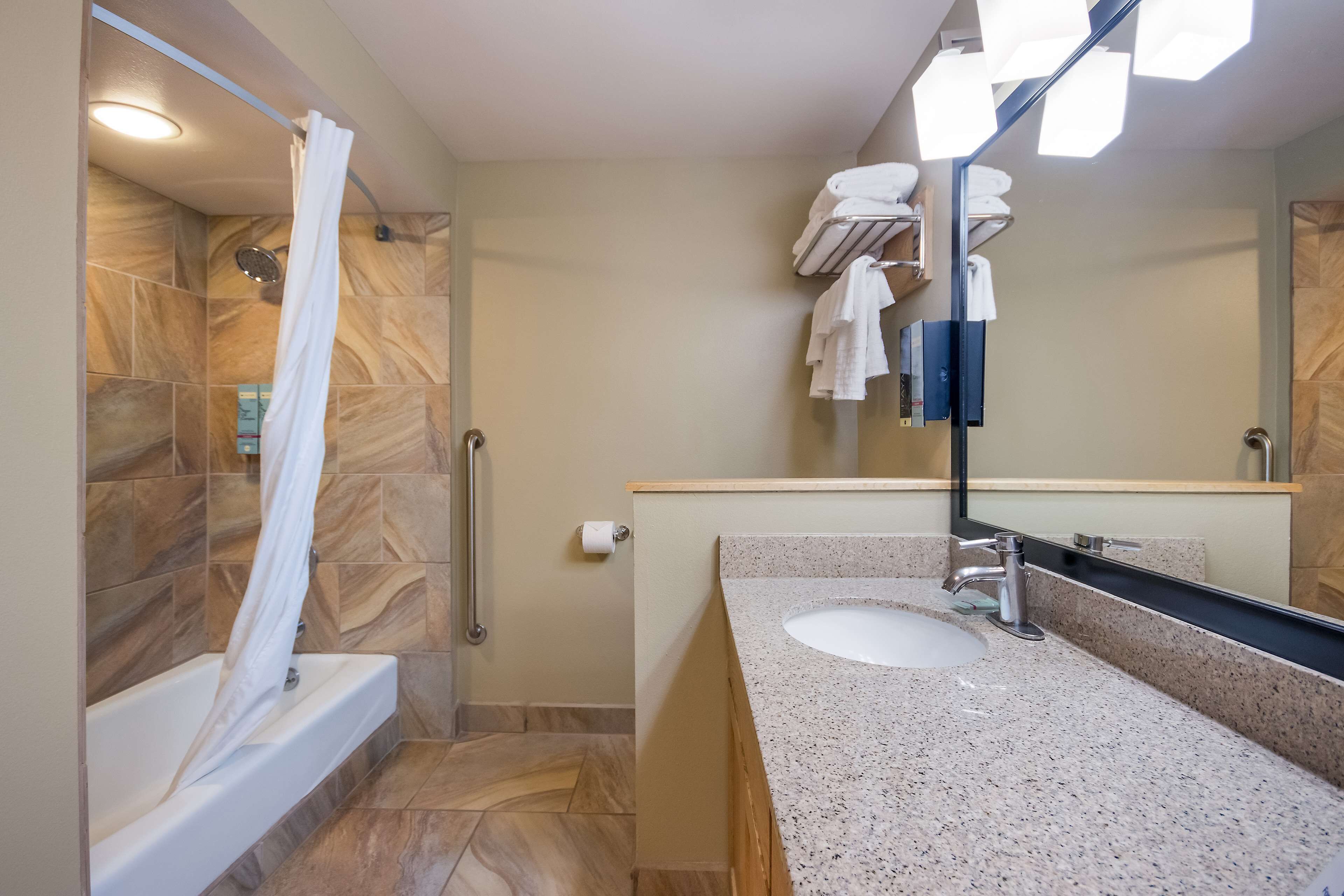 combined shower/bathtub, free toiletries, hair dryer, towels