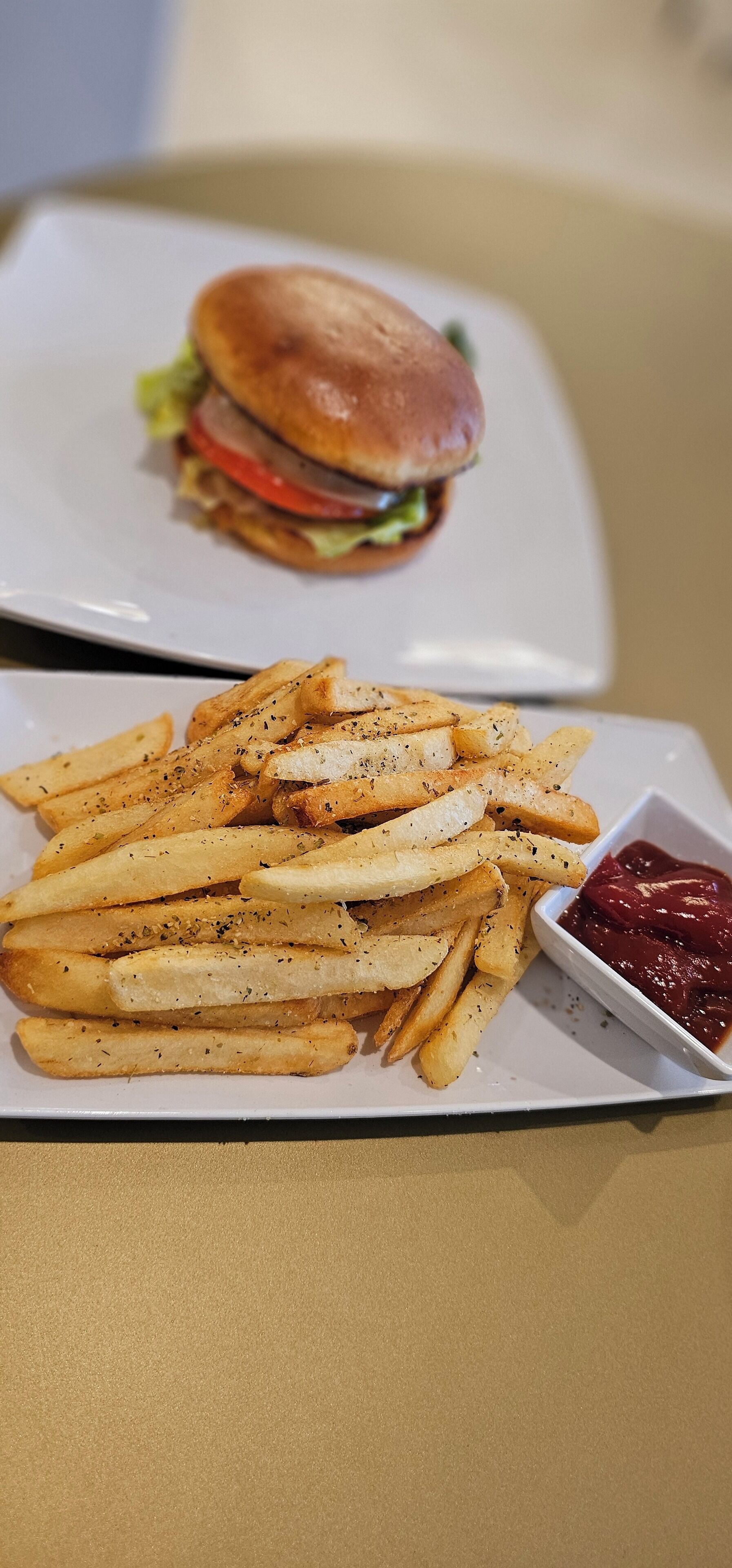 A plate of seasoned fries with ketchup and a burger on a white plate.