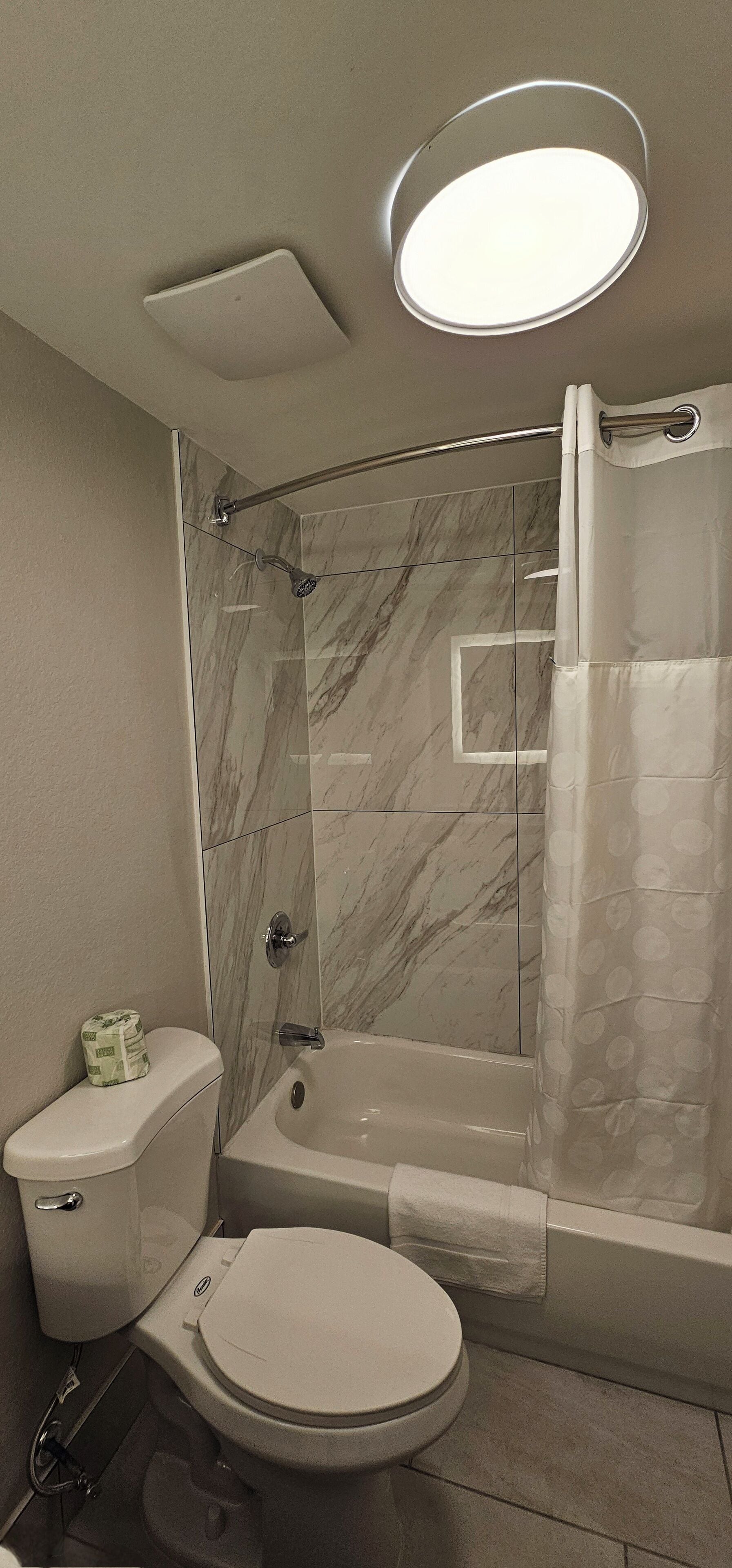 A bathroom with a toilet, bathtub, and shower.