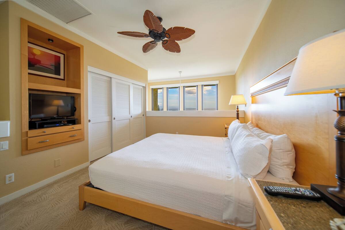 Ein Hotelzimmer mit Bett, Deckenventilator, Fernseher, Lampe und Fenster mit Blick.