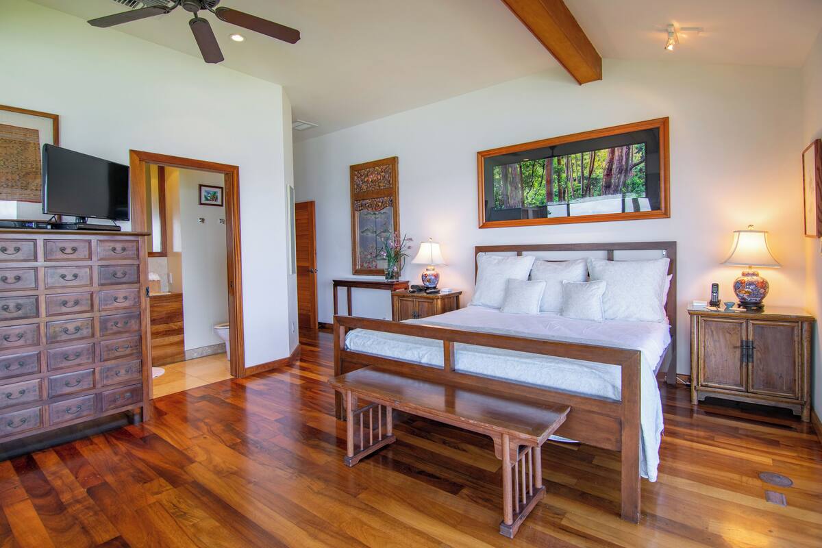 Ein geräumiges Schlafzimmer mit einem großen Bett, Holzboden, Deckenventilator und einem Fernseher auf einer Kommode.