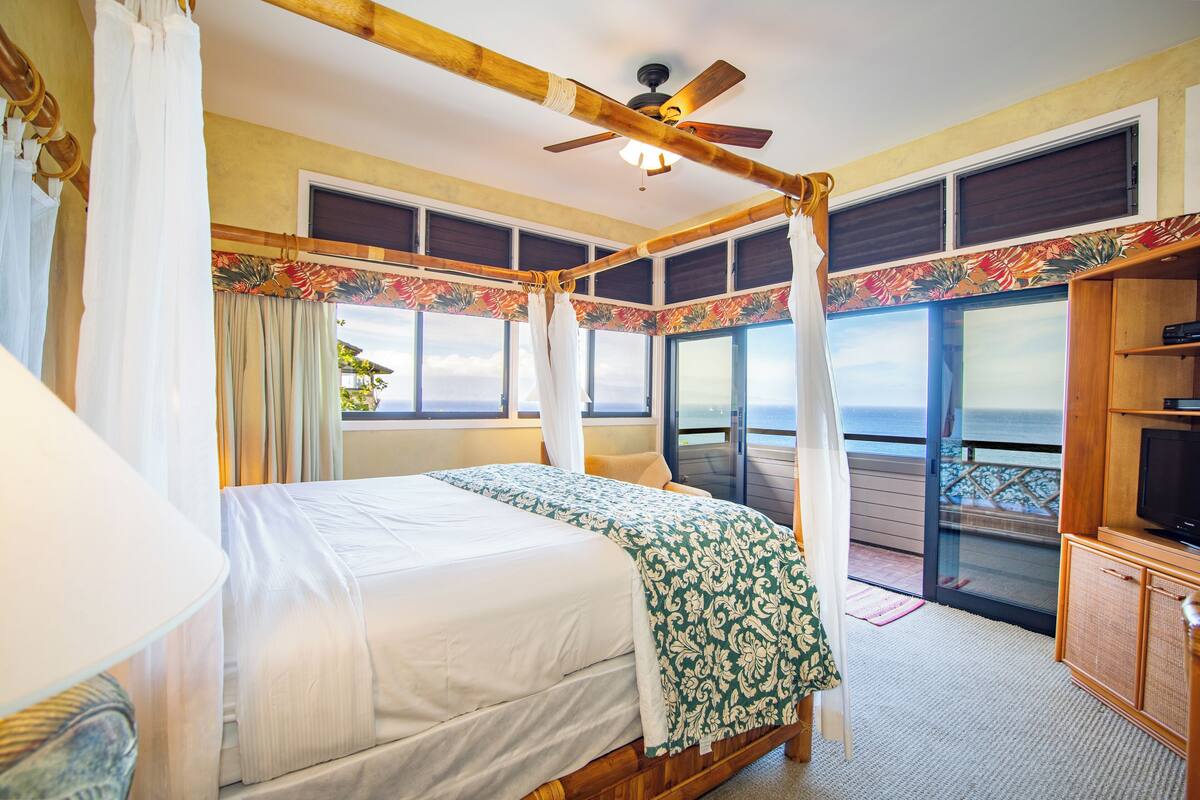 Ein Schlafzimmer mit Bett, Deckenventilator, Fernseher und einem Balkon mit Meerblick.