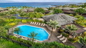 3 outdoor pools, open 9:00 AM to 8:00 PM, pool umbrellas, pool loungers