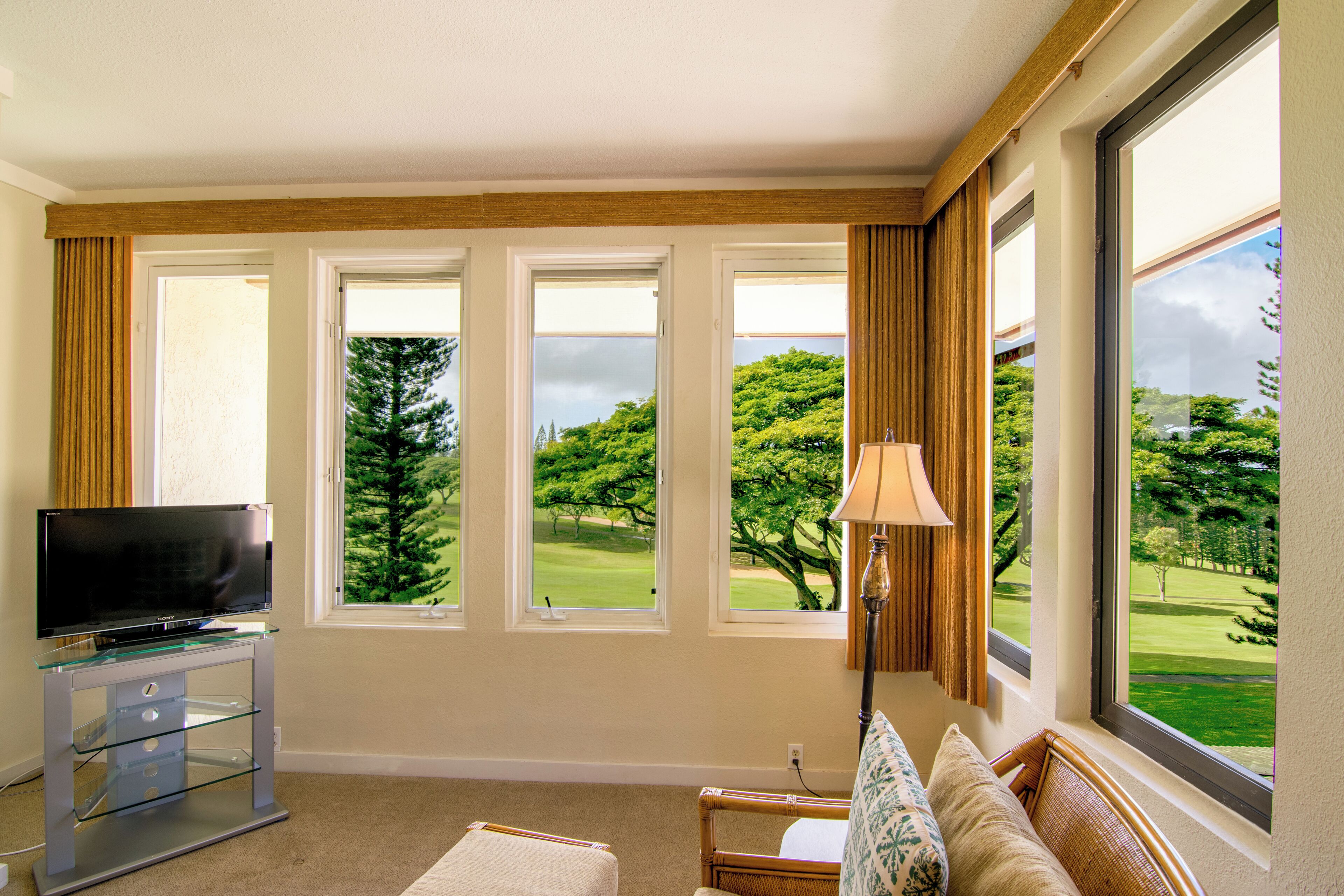 A living room with a TV on a glass stand, a sofa, a lamp, and large windows with a view of a golf course.