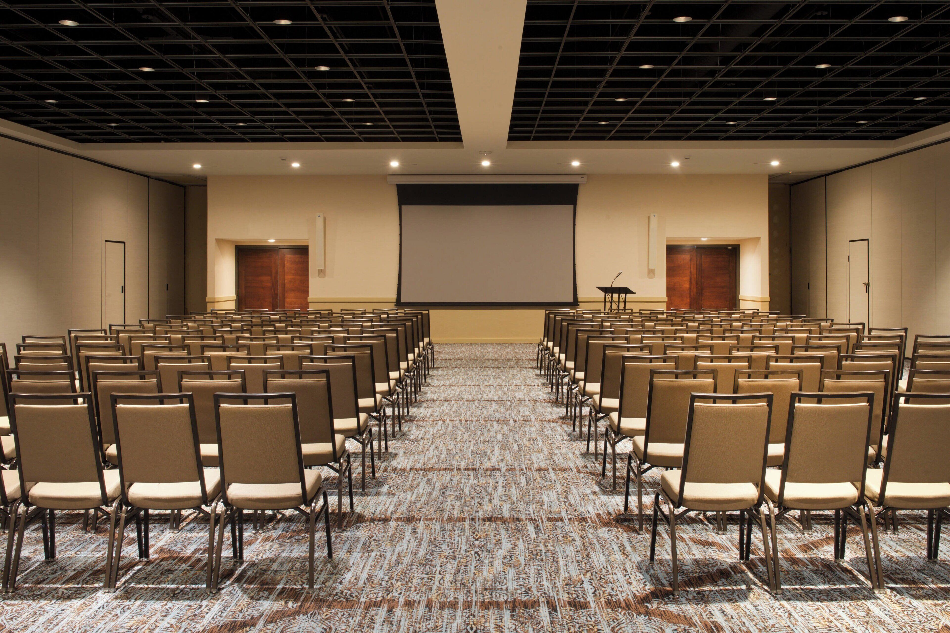 A conference room with rows of chairs facing a large screen, carpeted floor, and a modern ceiling design.