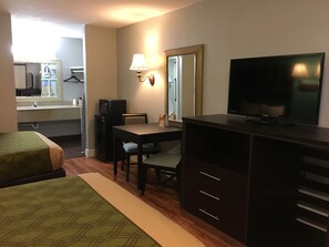 Desk, blackout curtains, soundproofing, iron/ironing board