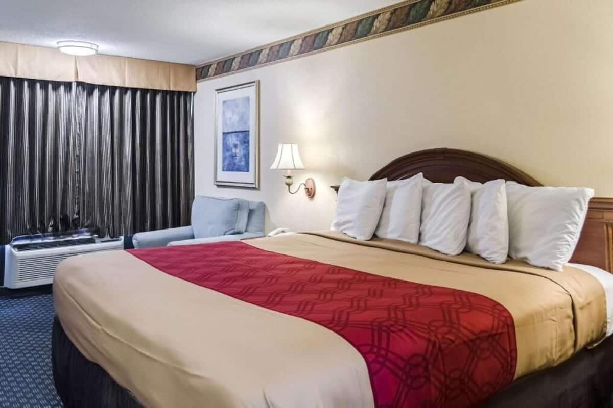 A hotel room with a large bed, a bedside table with a lamp, a wall-mounted artwork, and a window with curtains.