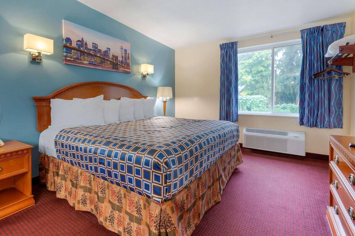 Une chambre d’hôtel avec un grand lit, un tableau représentant un paysage urbain, une fenêtre avec des rideaux, un radiateur et une commode.
