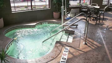 Un jacuzzi con escalera metálica, rodeado de plantas en macetas y mobiliario de exterior.