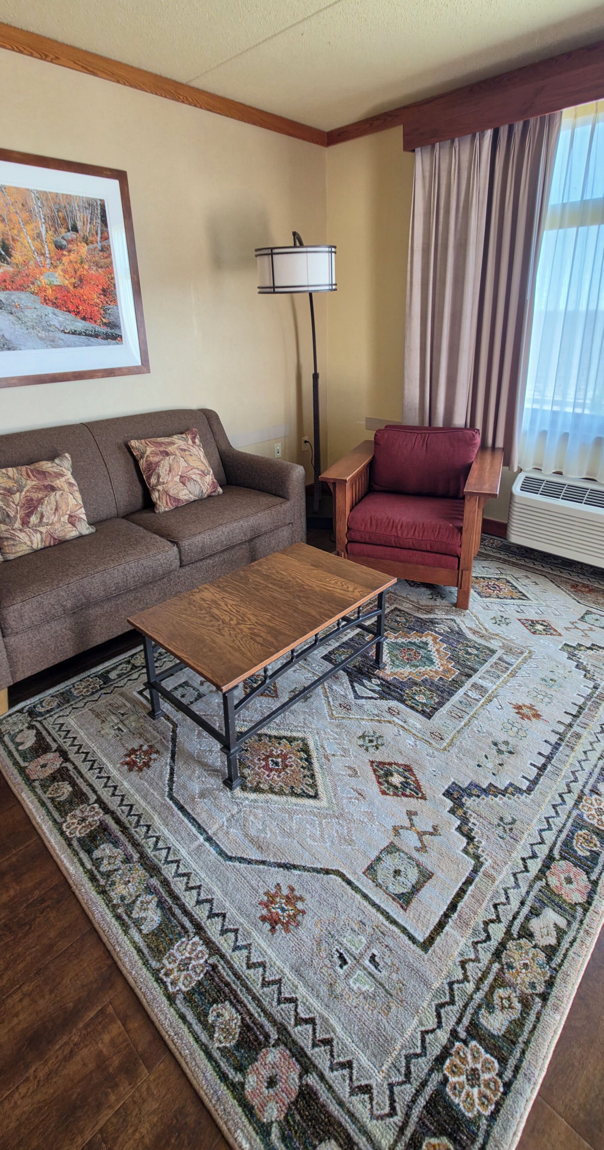 A living room with a sofa, armchair, coffee table, floor lamp, and patterned rug.