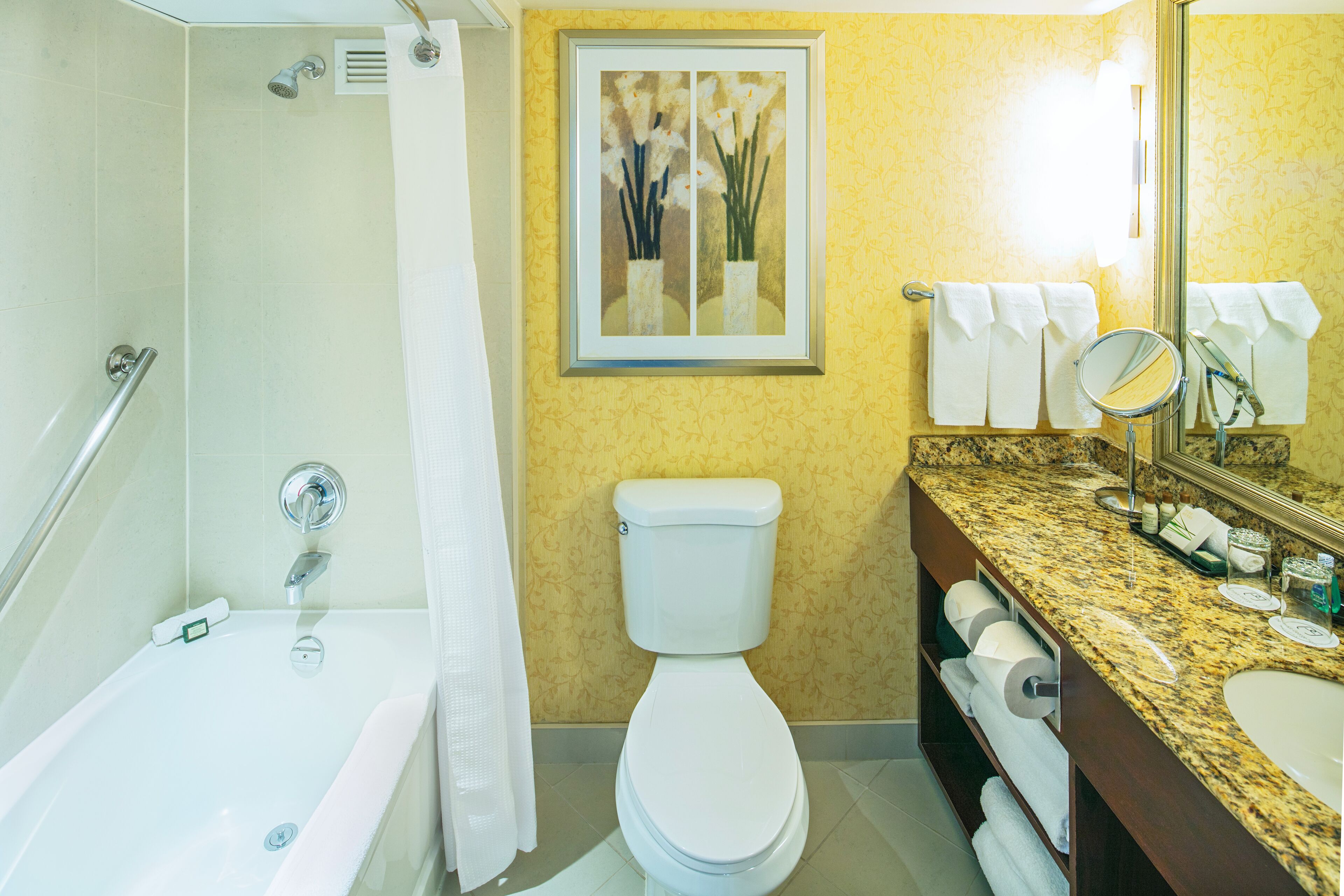 combined shower/bathtub, eco-friendly toiletries, hair dryer, towels