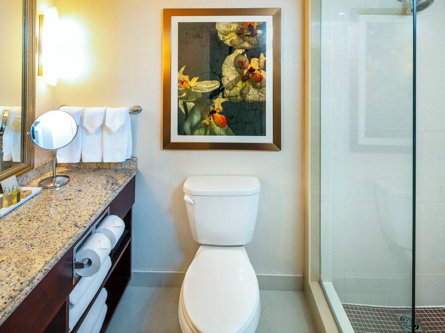 A bathroom with a marble sink, a toilet, a framed floral painting, and a glass shower enclosure.