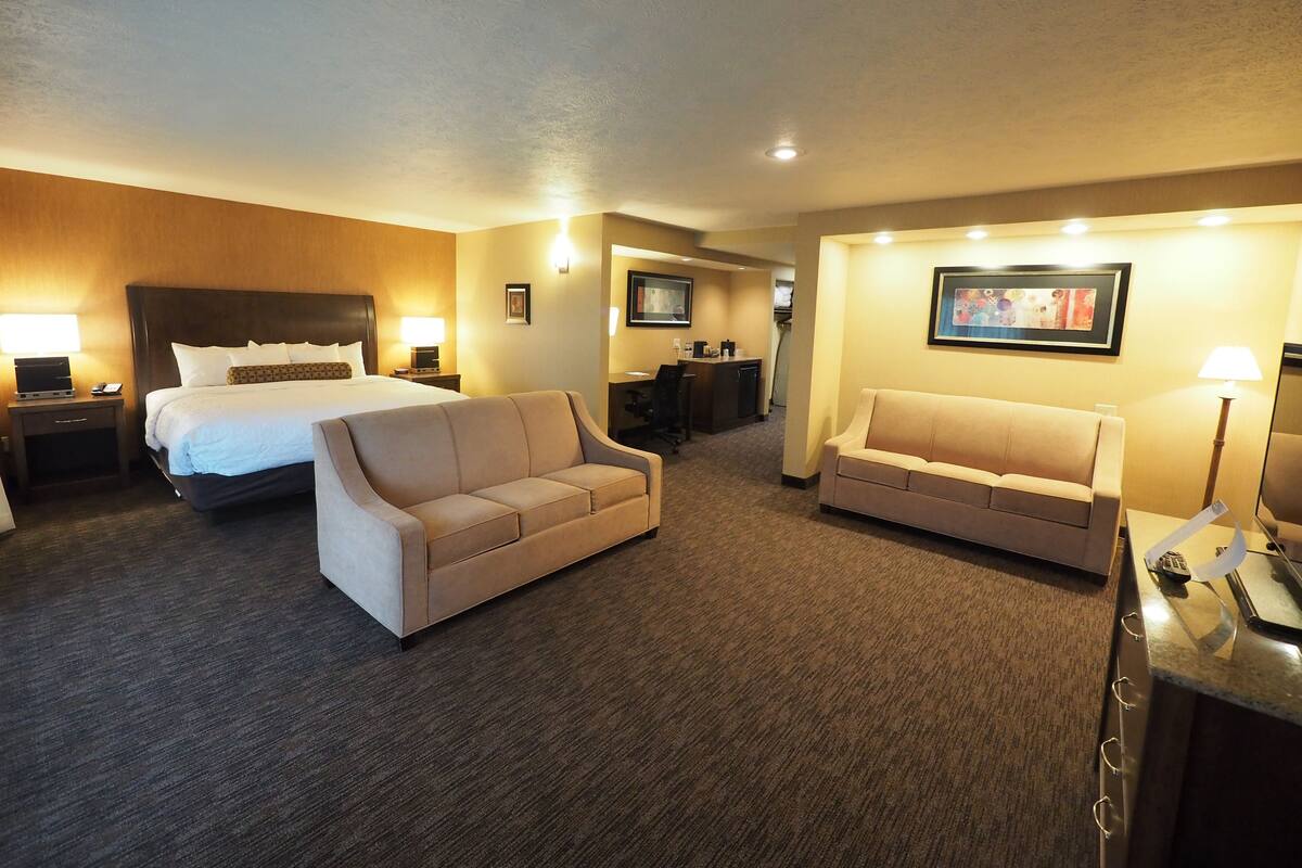 Ein Hotelzimmer mit einem großen Bett, zwei Sofas, einem Schreibtisch und einem Fernseher.