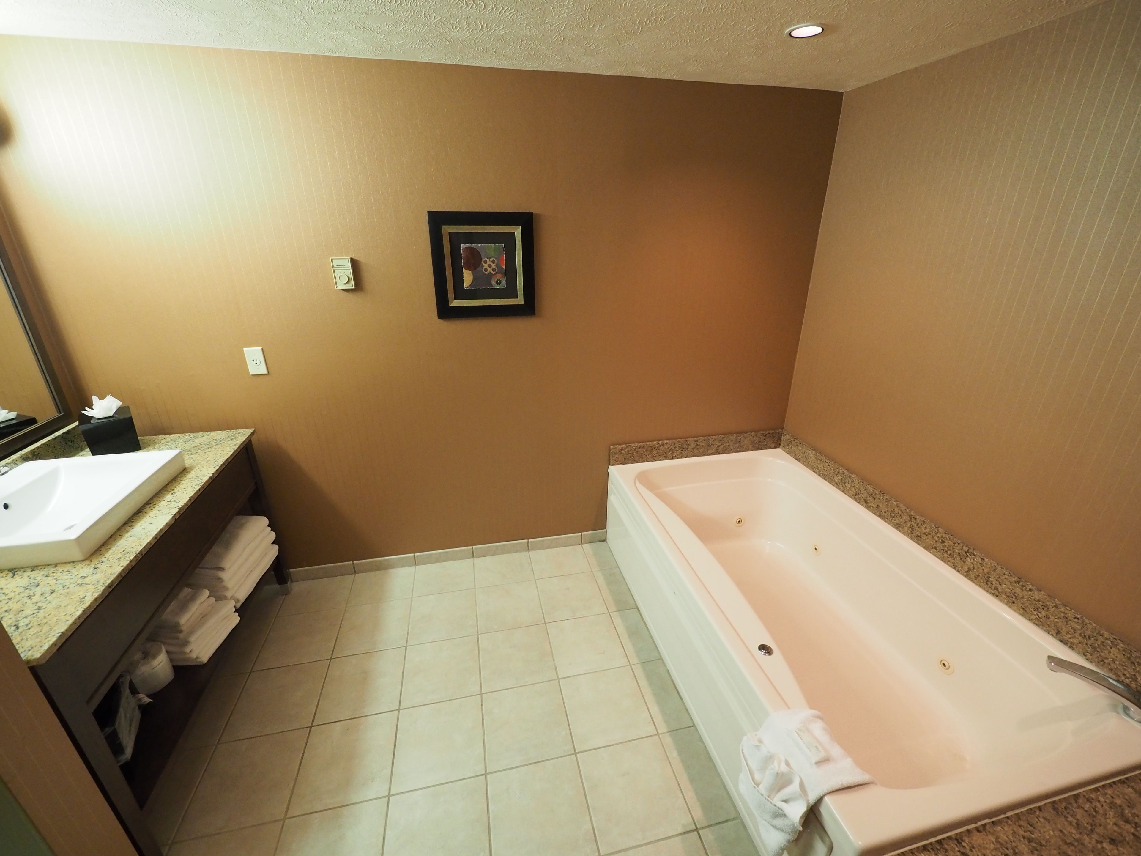 Combined shower/tub, hair dryer, towels