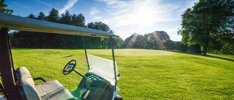 Un carrito de golf sobre un césped bien cuidado, con cielo despejado.