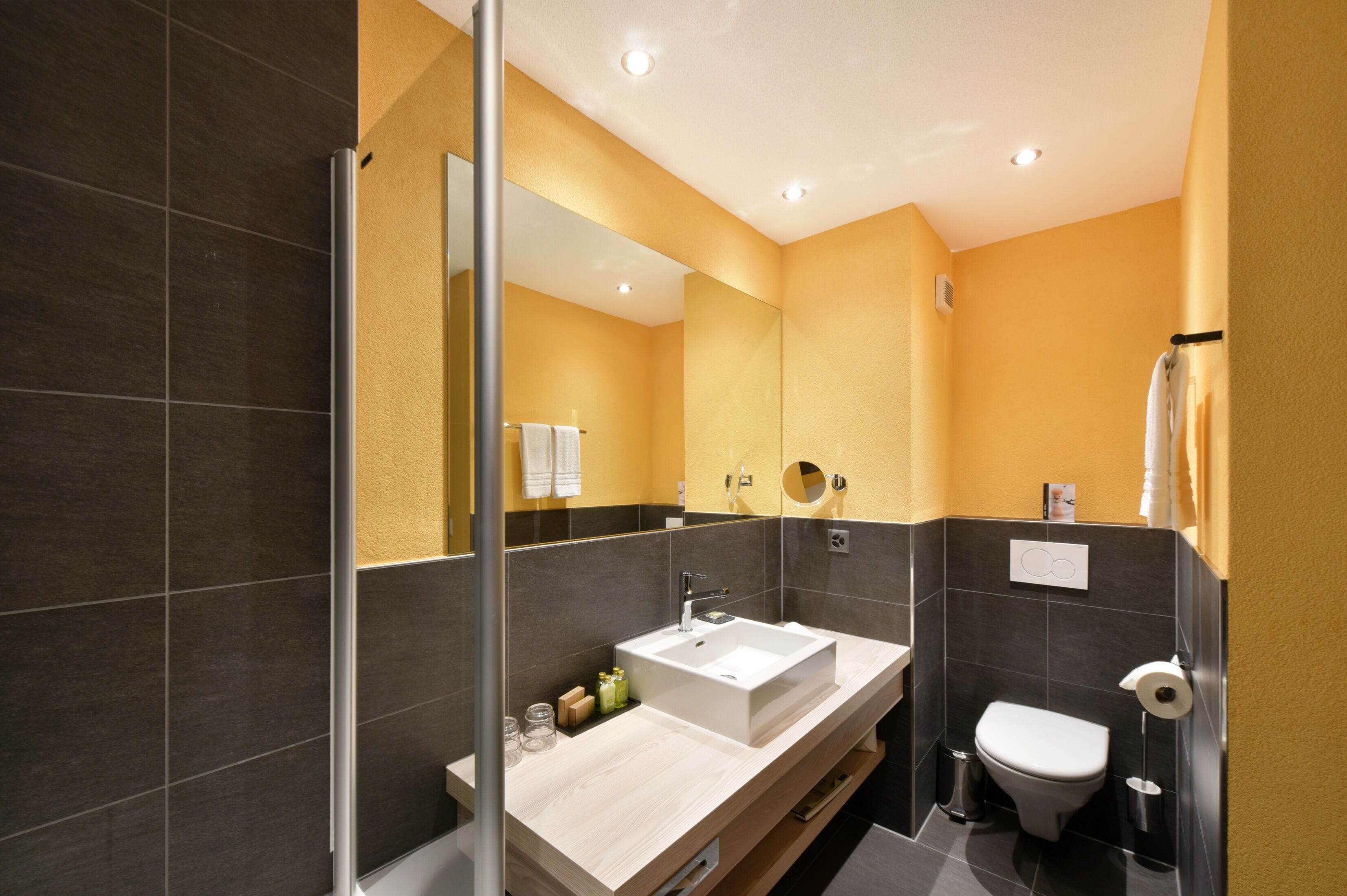 A modern bathroom with a large mirror, two sinks, a toilet, and a shower area.