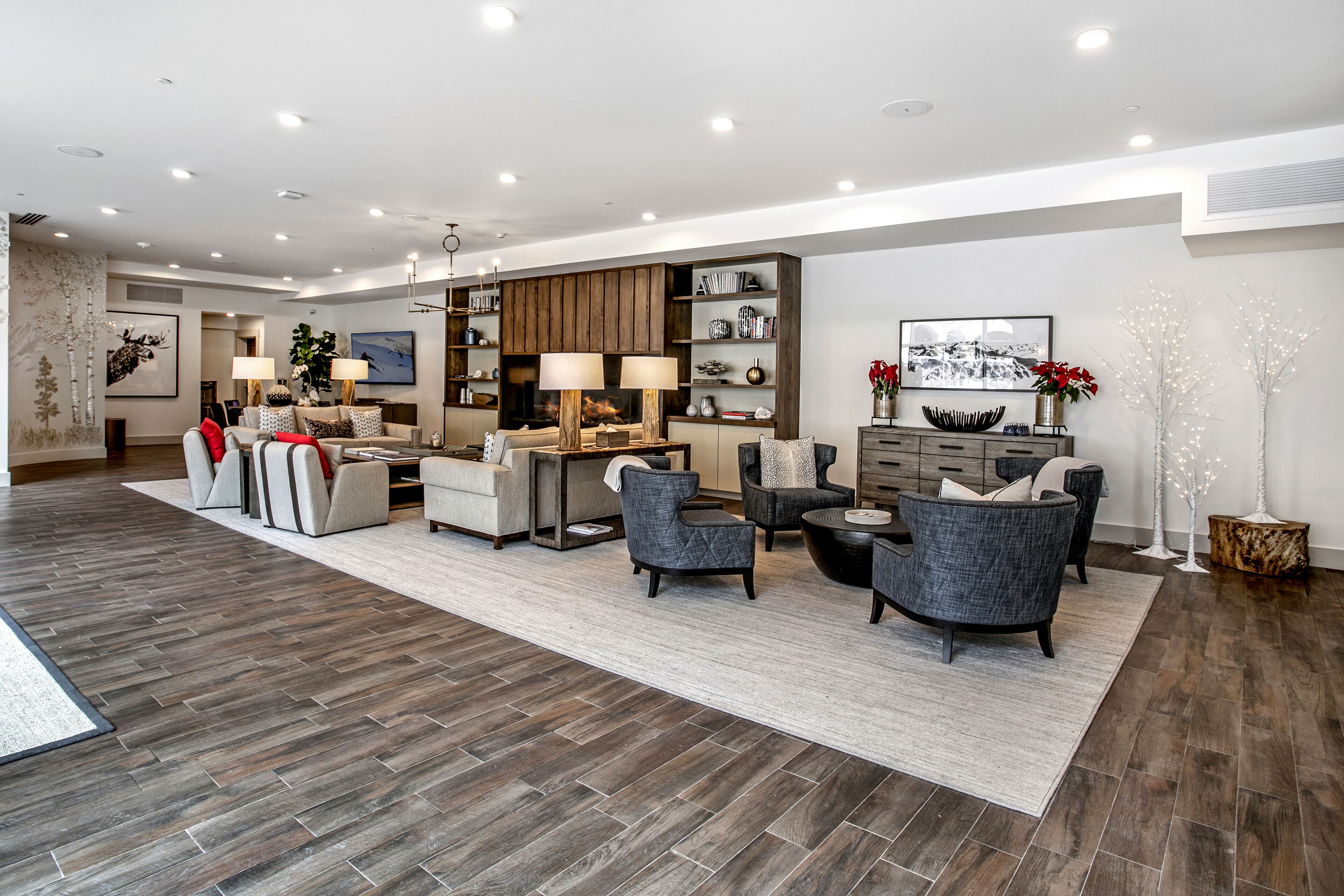 A spacious living room with a fireplace, modern furniture, and a large bookshelf.