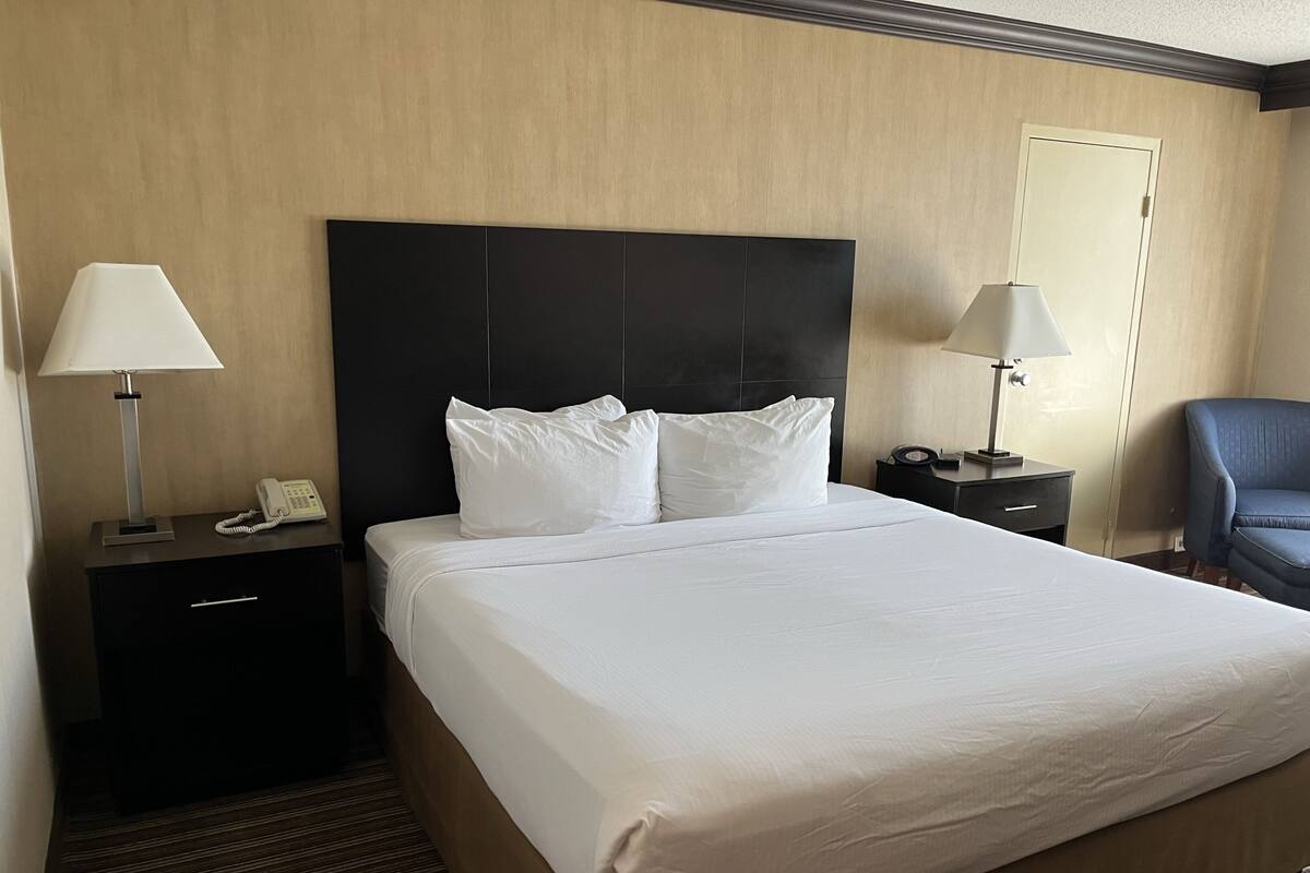 Una habitación de hotel con una cama grande, dos mesitas de noche, una silla y una puerta.