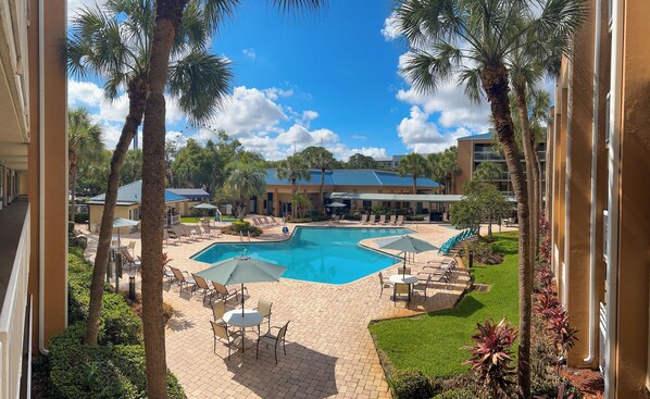 Piscine extérieure, chaises longues