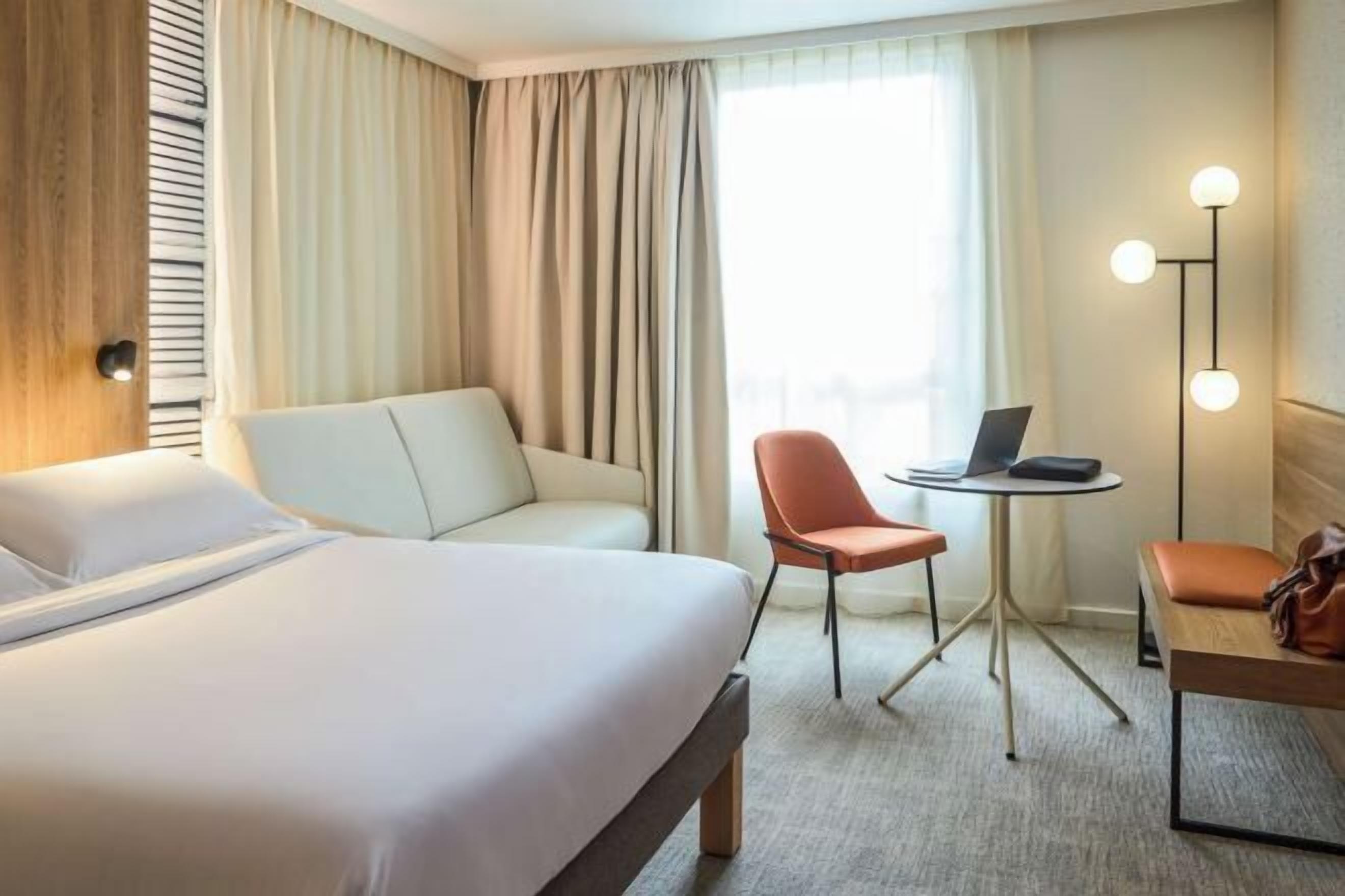 Individually furnished, desk, laptop workspace, blackout drapes