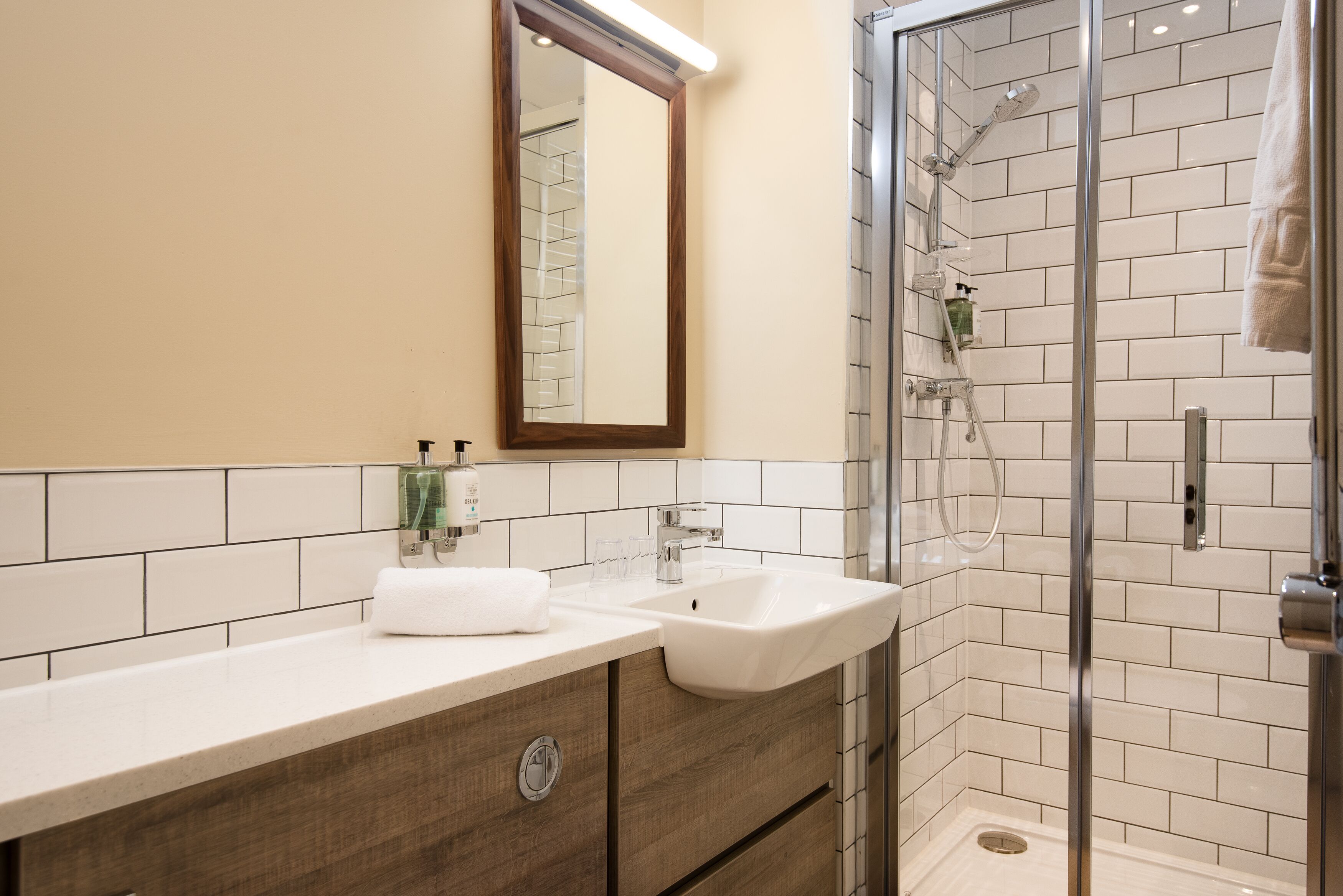 combined shower/bathtub, free toiletries, hair dryer, towels