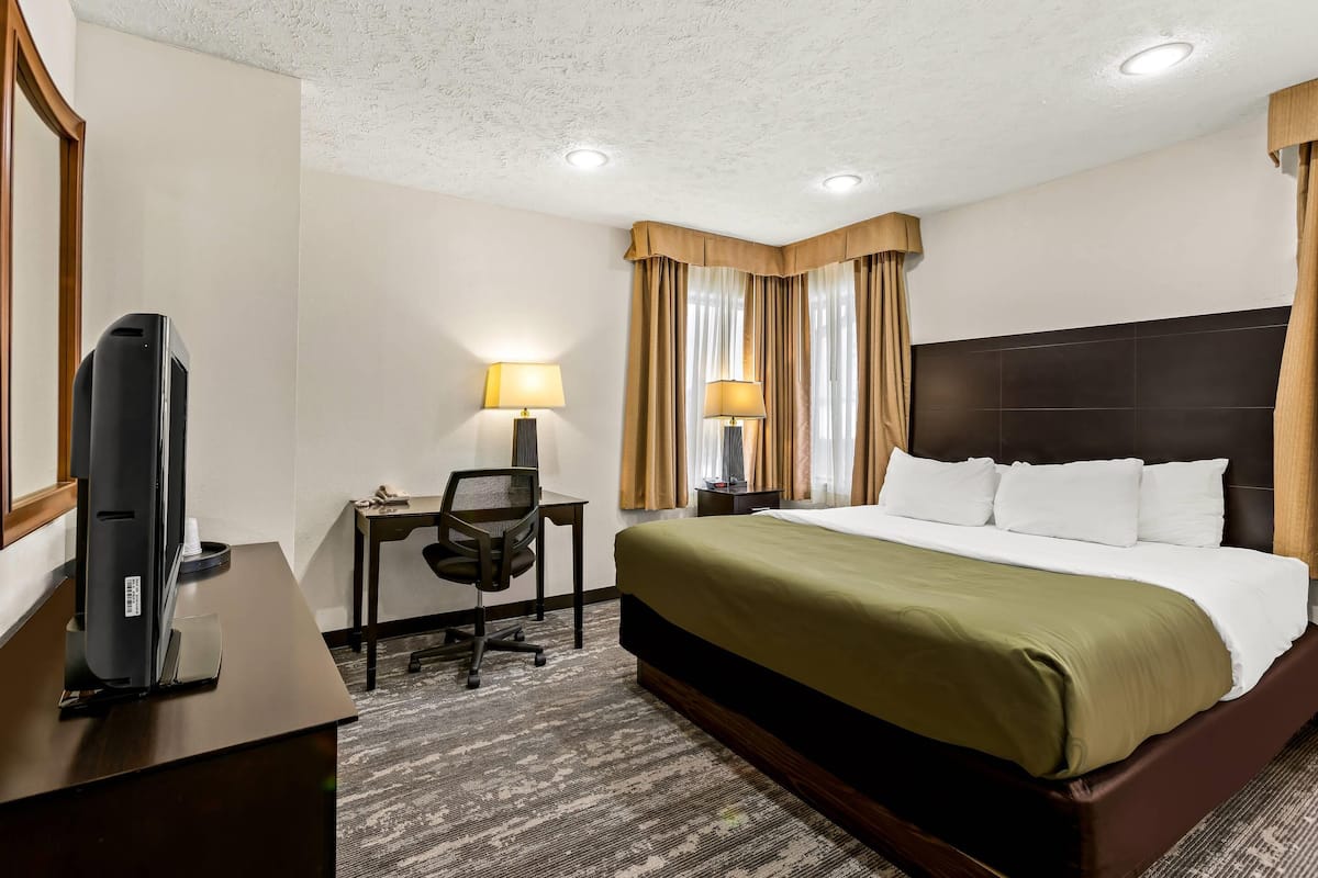 A hotel room with a bed, desk, chair, TV, lamps, and curtains.