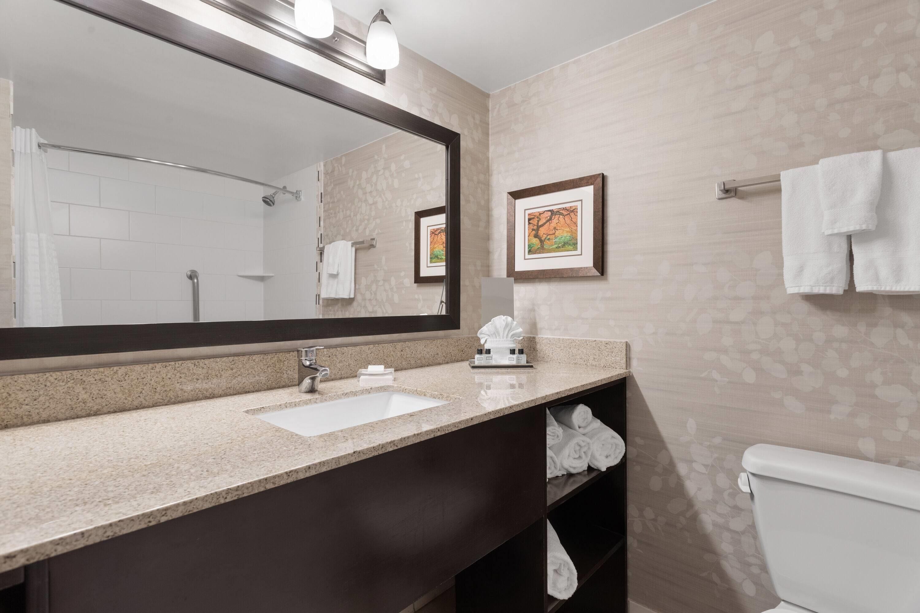 A modern bathroom with a large mirror, a sink, and a toilet. There are towels hanging on a rack and a framed picture on the wall.