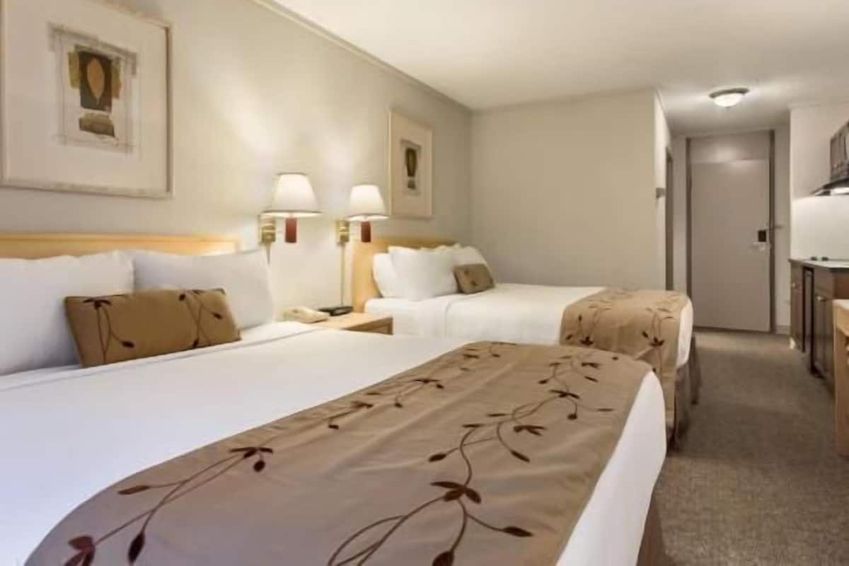 Escritorio, cortinas blackout y tabla de planchar con plancha