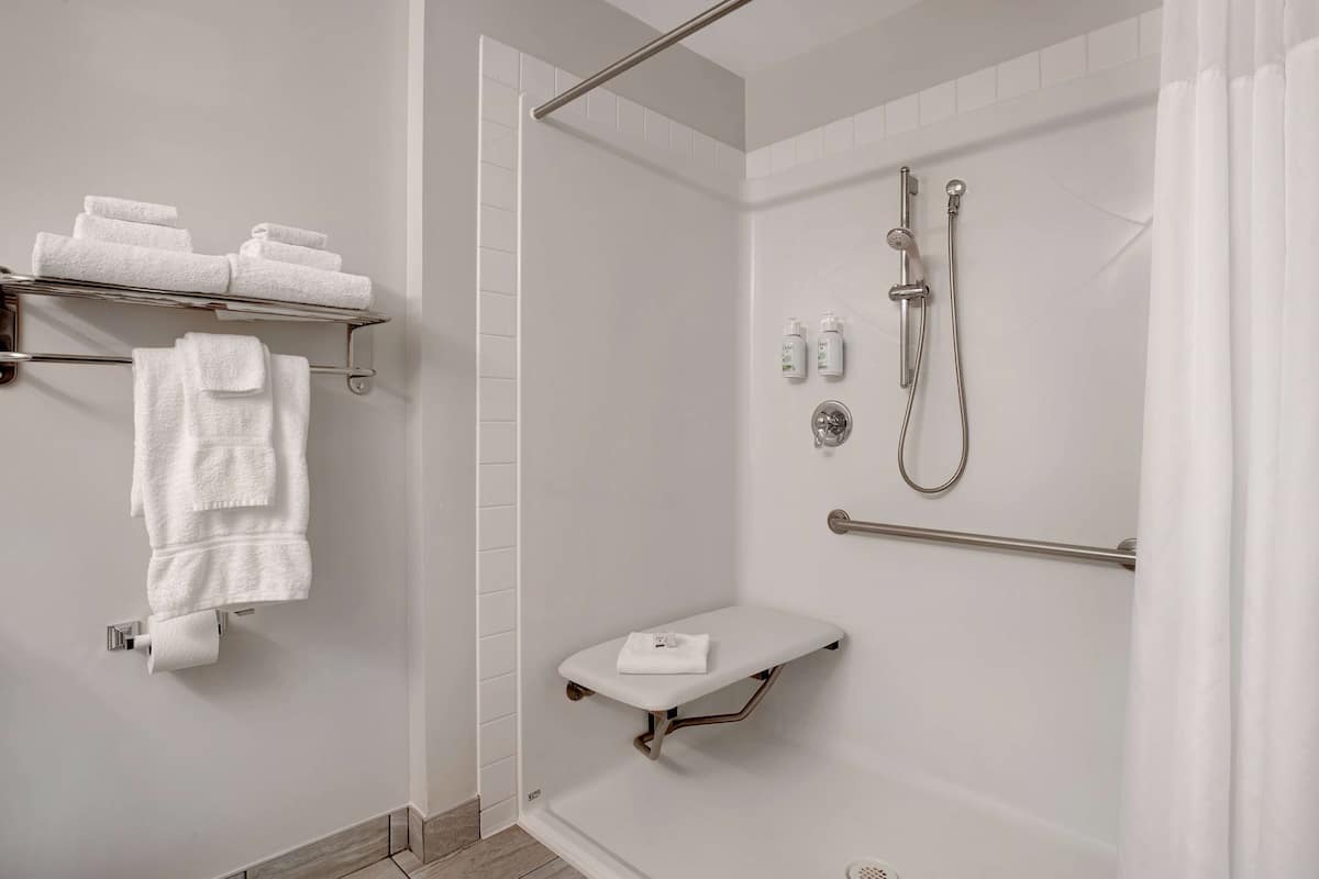 Ein modernes Badezimmer mit Dusche, Handtuchhalter und Toilettenpapierhalter.