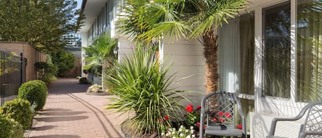 A pathway leading to a building with a bench and a chair outside.