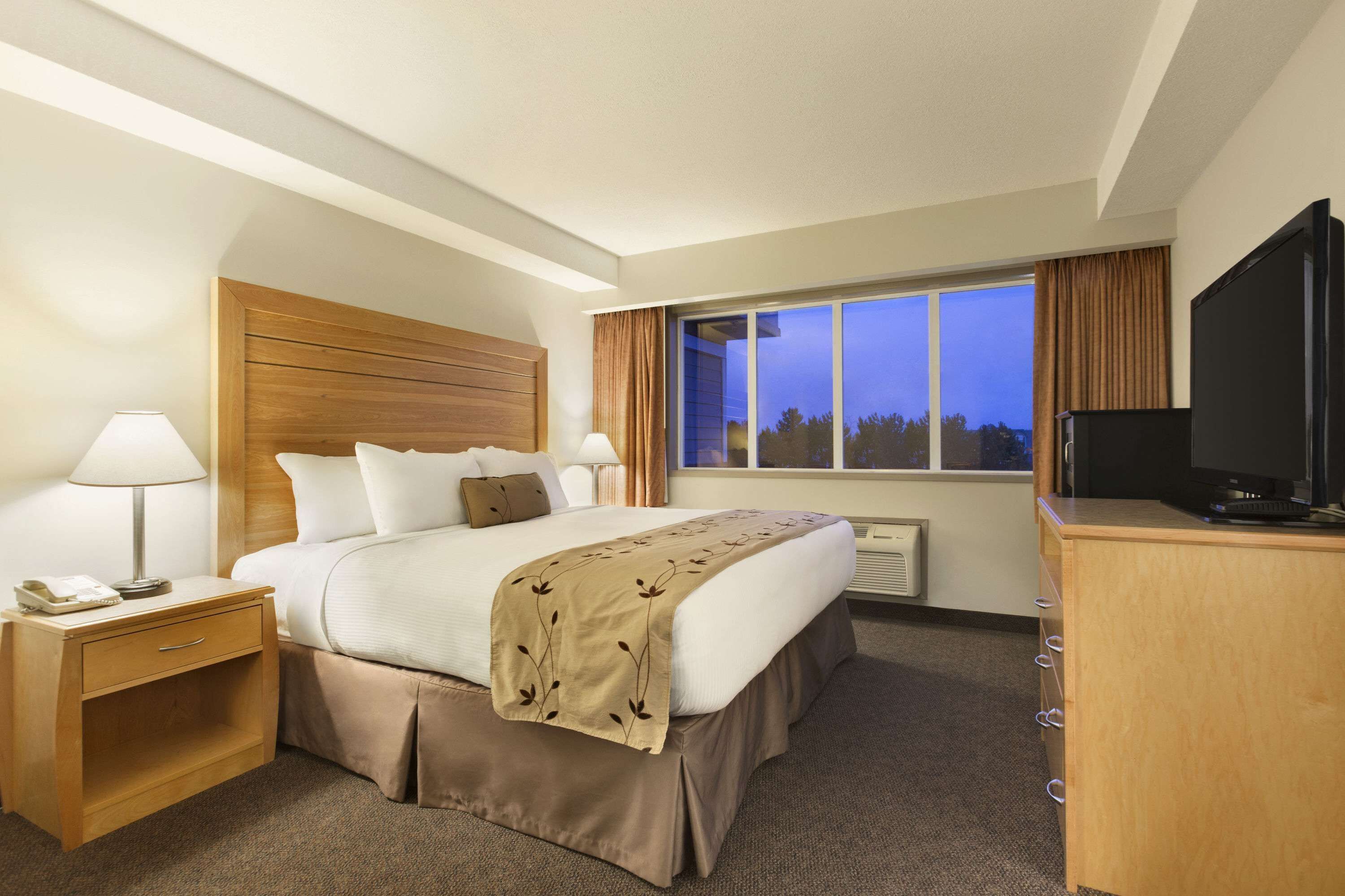 A hotel room with a large bed, a nightstand with a lamp, a television, and a window with curtains.