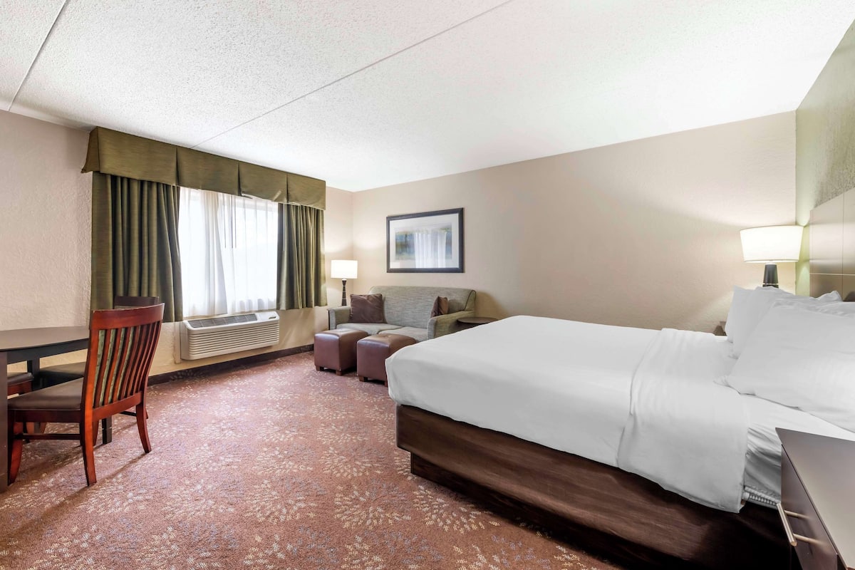 A hotel room with a large bed, a desk, a chair, and a sofa.