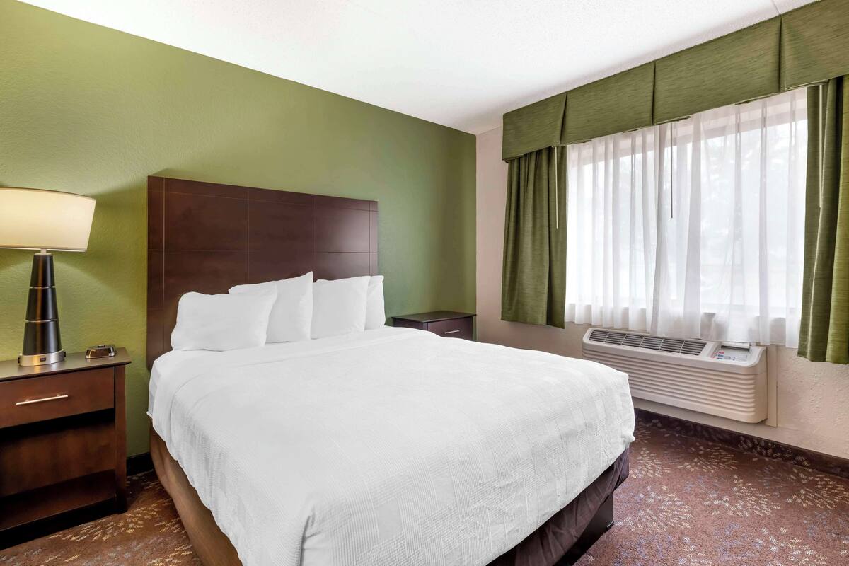 A hotel room with a large bed, a nightstand, a lamp, a window with sheer curtains, and an air conditioning unit.