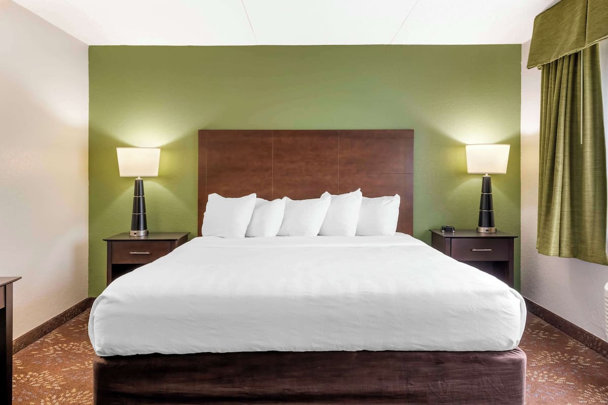 A hotel room with a large bed, green walls, two bedside tables with lamps, and a brown headboard.