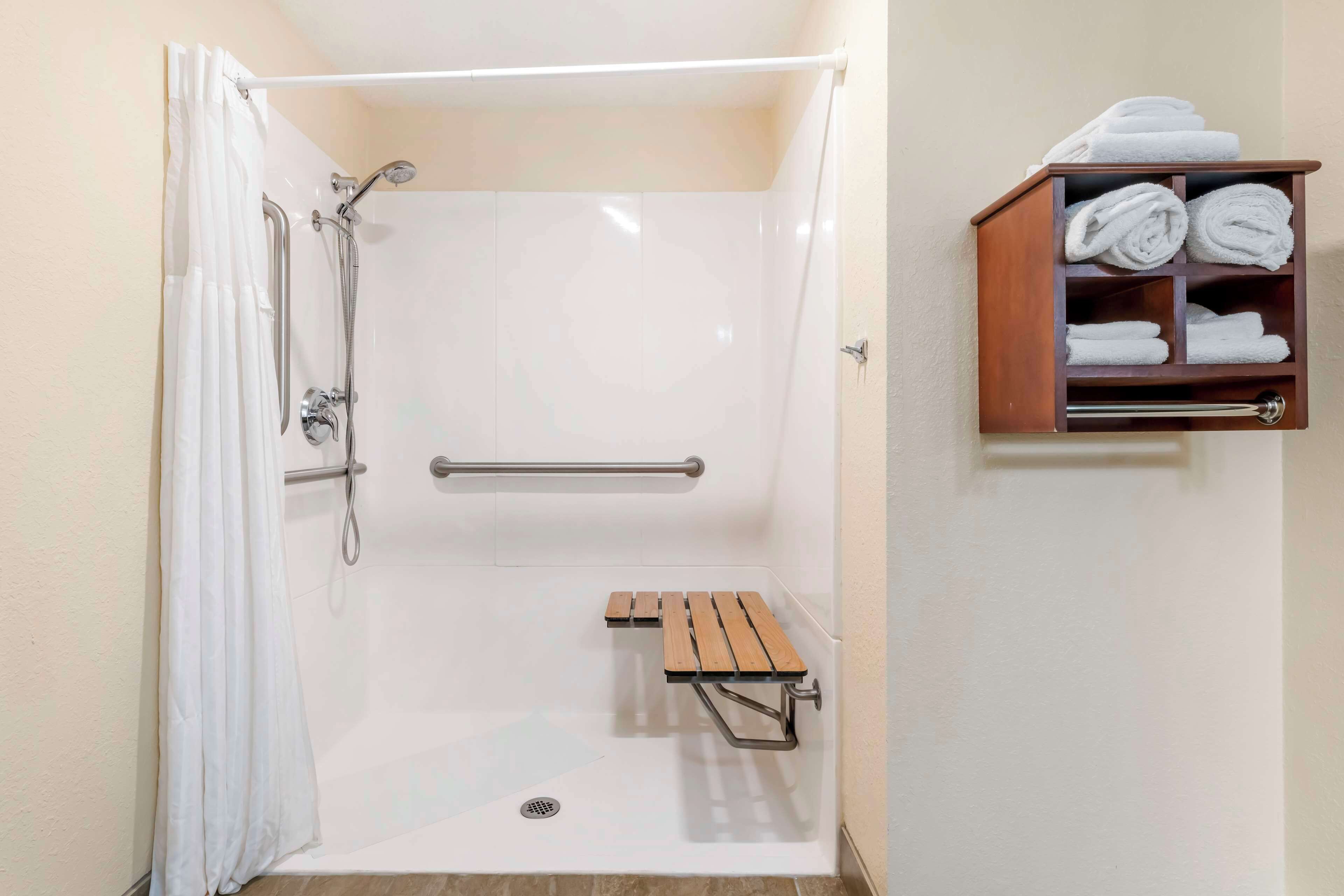 standard room, 1 king bed, accessible, non smoking (walk-in shower) | bathroom | hair dryer, towels, soap, shampoo