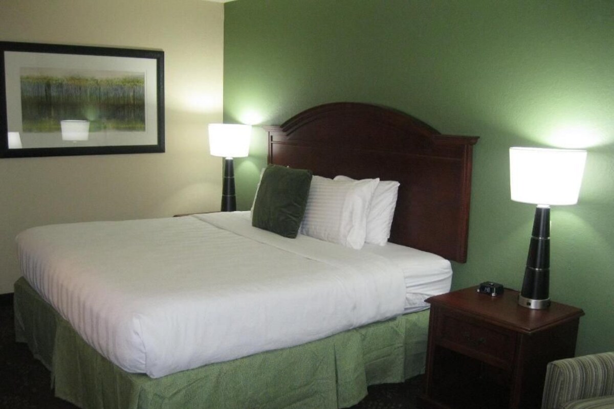 A hotel room with a large bed, two bedside lamps, a wooden headboard, a nightstand, and a framed picture on the wall.