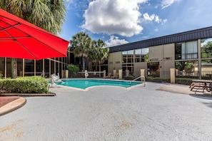 Indoor pool, outdoor pool, pool umbrellas, pool loungers