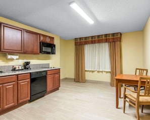 Desk, laptop workspace, blackout curtains, iron/ironing board