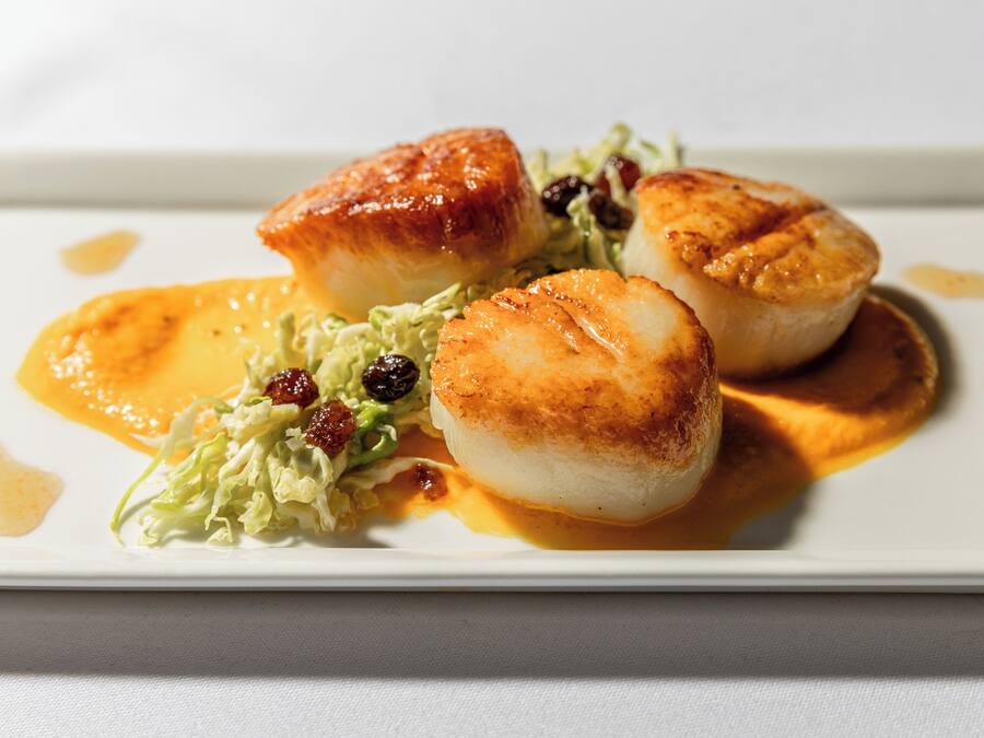 A plate with seared scallops, a dollop of sauce, and a side of greens.