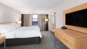 Une chambre d’hôtel avec un grand lit, un téléviseur à écran plat, une commode en bois et une fenêtre avec des rideaux.