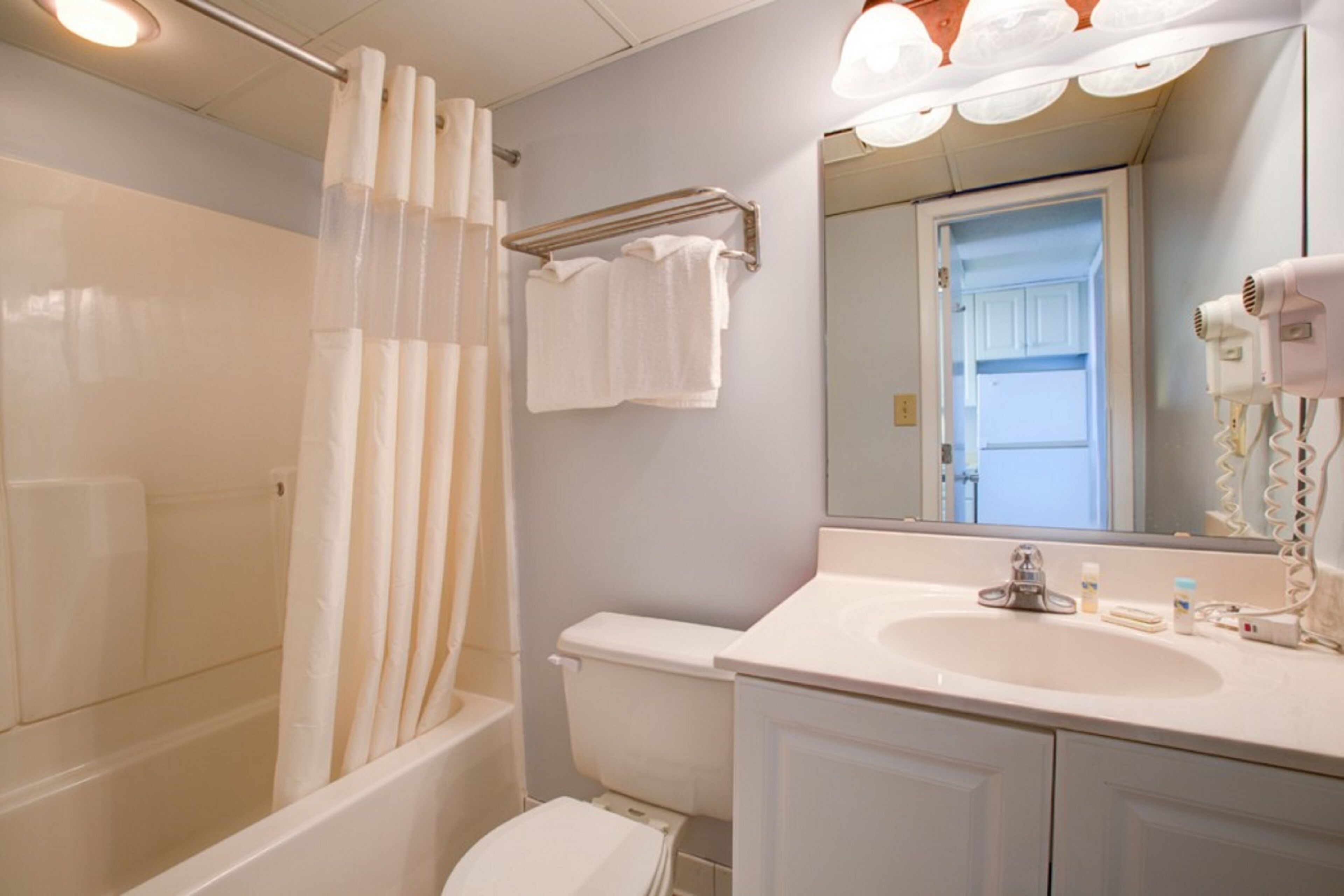 Un bagno con doccia, servizi igienici, lavandino e specchio.