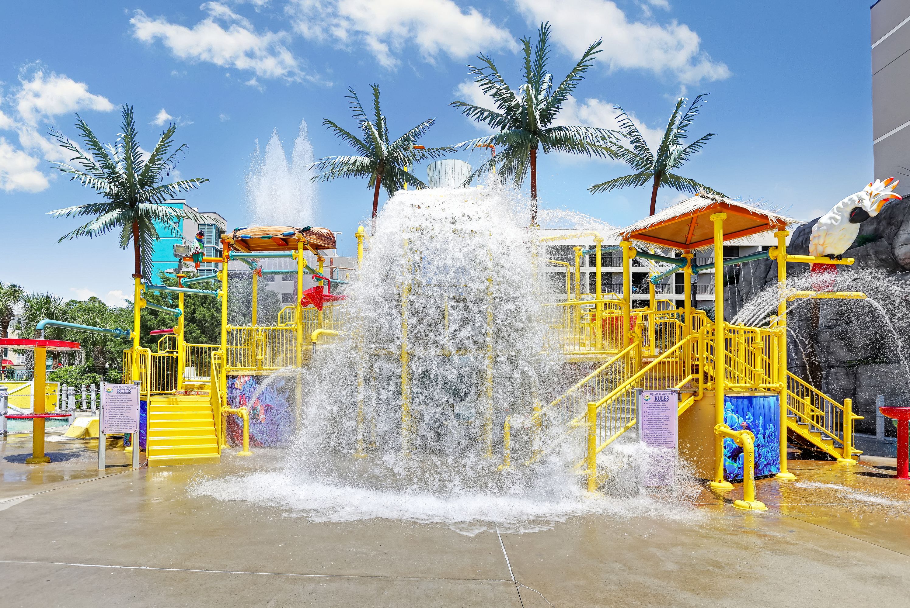 A water play area with multiple water jets and slides, surrounded by palm trees and a clear sky.