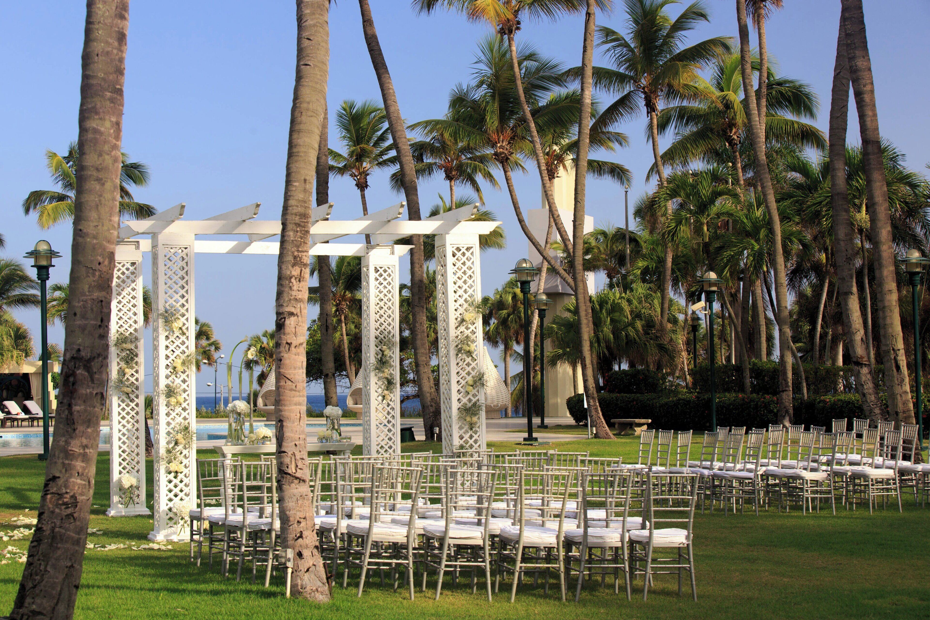 Une décoration de mariage avec des chaises blanches et une arche blanche, le tout entouré de palmiers.