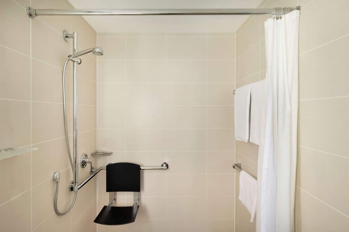 combined shower/bathtub, free toiletries, hair dryer, slippers